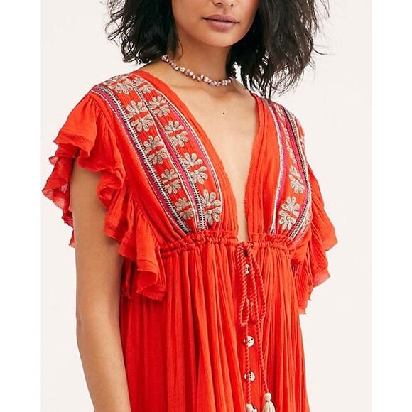 FREE PEOPLE Bali Will Wait For You Boho Embroidered Maxi Dress Red Medium M - Picture 16 of 16